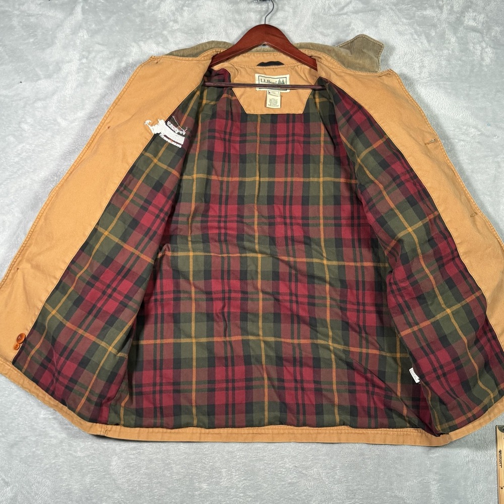 LL Bean Coat Mens 2XL Brown Canvas Plaid Lined Barn Work Embroidered *FLAW - Picture 6 of 10